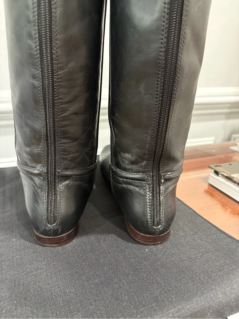 Tory Burch Black Leather Knee-High Riding Boots with Gold Logo